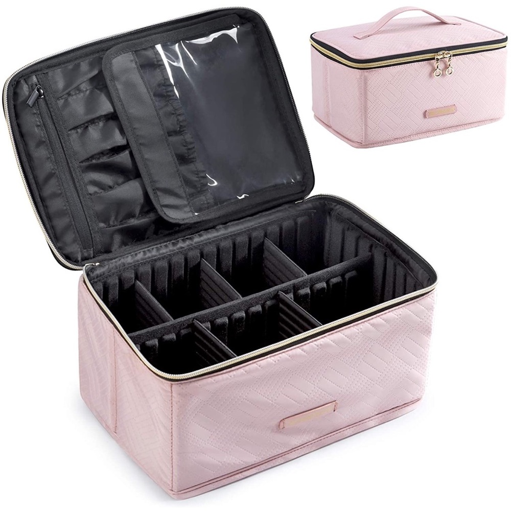 Travel Makeup Cosmetic Bag Case Organizer with Adjustable Dividers Pink